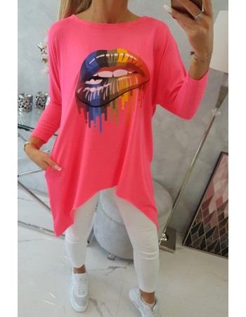 Blúzka oversize s potlačou dúhových pier ružový neón, Ružová neon