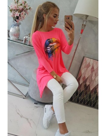 Blúzka oversize s potlačou dúhových pier ružový neón, Ružová neon
