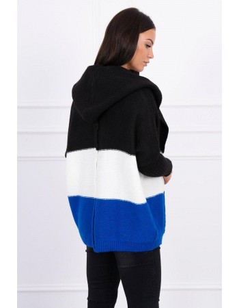 Trojfarebný sveter s kapucňou čierna+ecru+nevädza, Čierna / Modrá nevädza / Ecru