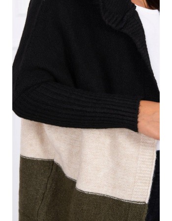 Trojfarebný sveter s kapucňou čierna+béžový+khaki, Čierna / Hnedožltý / Béžový