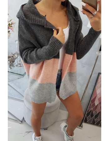 Trojfarebný sveter s kapucňou grafitu+prášková ružová+šedá, Sivá / Grafitu / Prášok