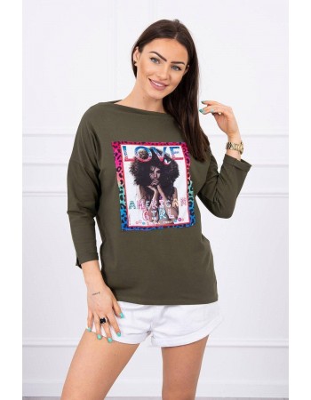 Blúzka s grafikou American Girl khaki S/M - L/XL, Hnedožltý