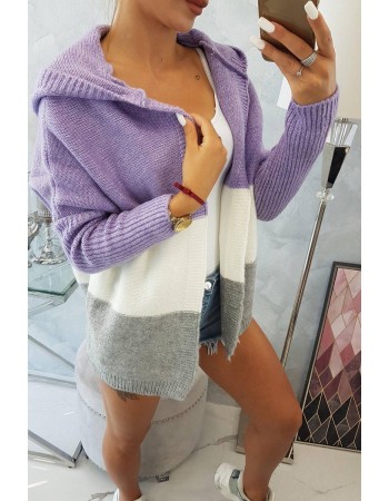 Trojfarebný sveter s kapucňou fialová+ecru+šedá, Sivá / Ecru / Fialový