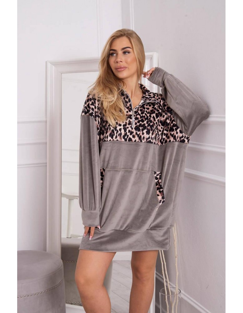 Velúrové šaty s leopardím vzorom sivá, Sivá